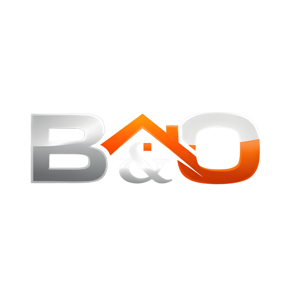 B&O Logo mit grauem "B", orangefarbenem Dach über "&" und "O" als Haus.