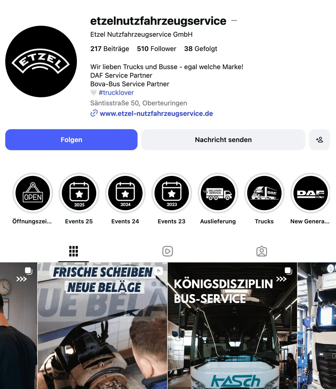 Instagram-Profil von Etzel Nutzfahrzeugservice