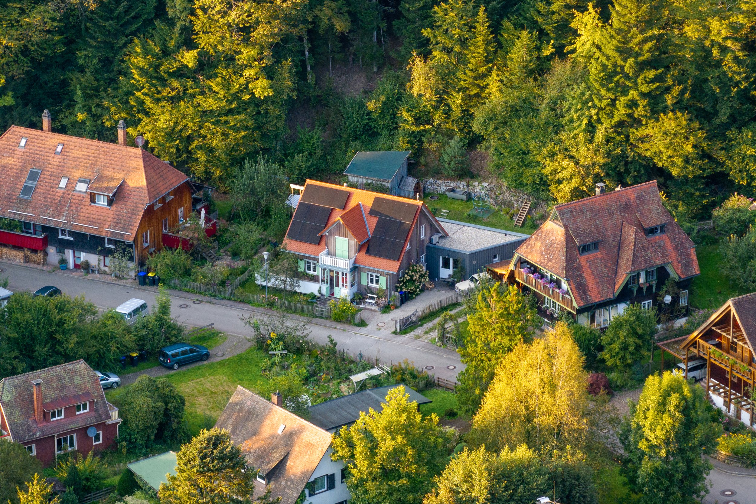 Luftaufnahme der Siedlung am Waldrand — Startbild des Films