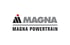 Magna Powertrain Logo: Graue Schrift "MAGNA" über schwarzer Schrift "MAGNA POWERTRAIN", mit rotem Punkt.