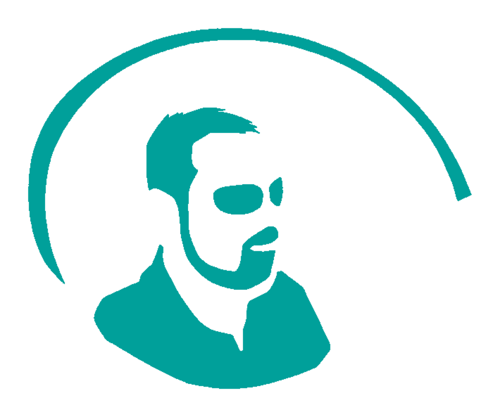 Türkisfarbene Silhouette eines bärtigen Mannes mit Sonnenbrille vor dunklem Hintergrund, umgeben von einem türkisfarbenen Bogen.