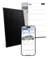 Schwarzes Solarmodul, weißer DWW Stromspeicher und Smartphone mit der Aero² Monitoring-App zur Energieüberwachung.