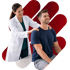 Medical clinic doctor examines smiling man's shoulders
