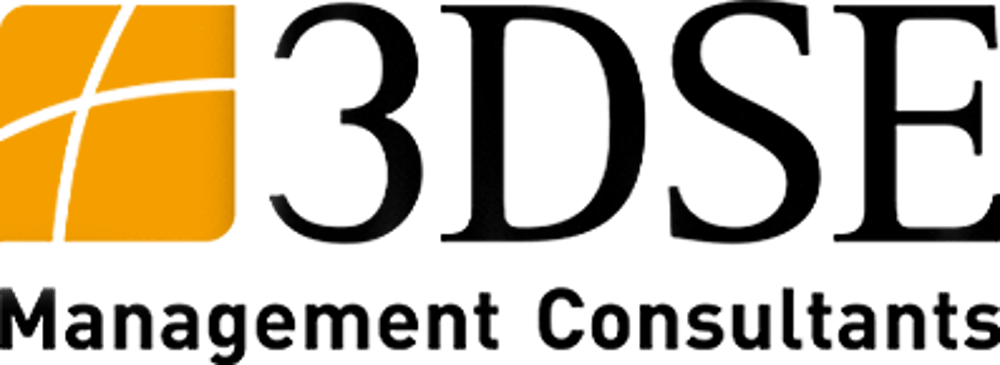 Logo von 3DSE Management Consultants: Orangefarbenes Quadrat mit gekrümmten Linien und schwarzem Text.