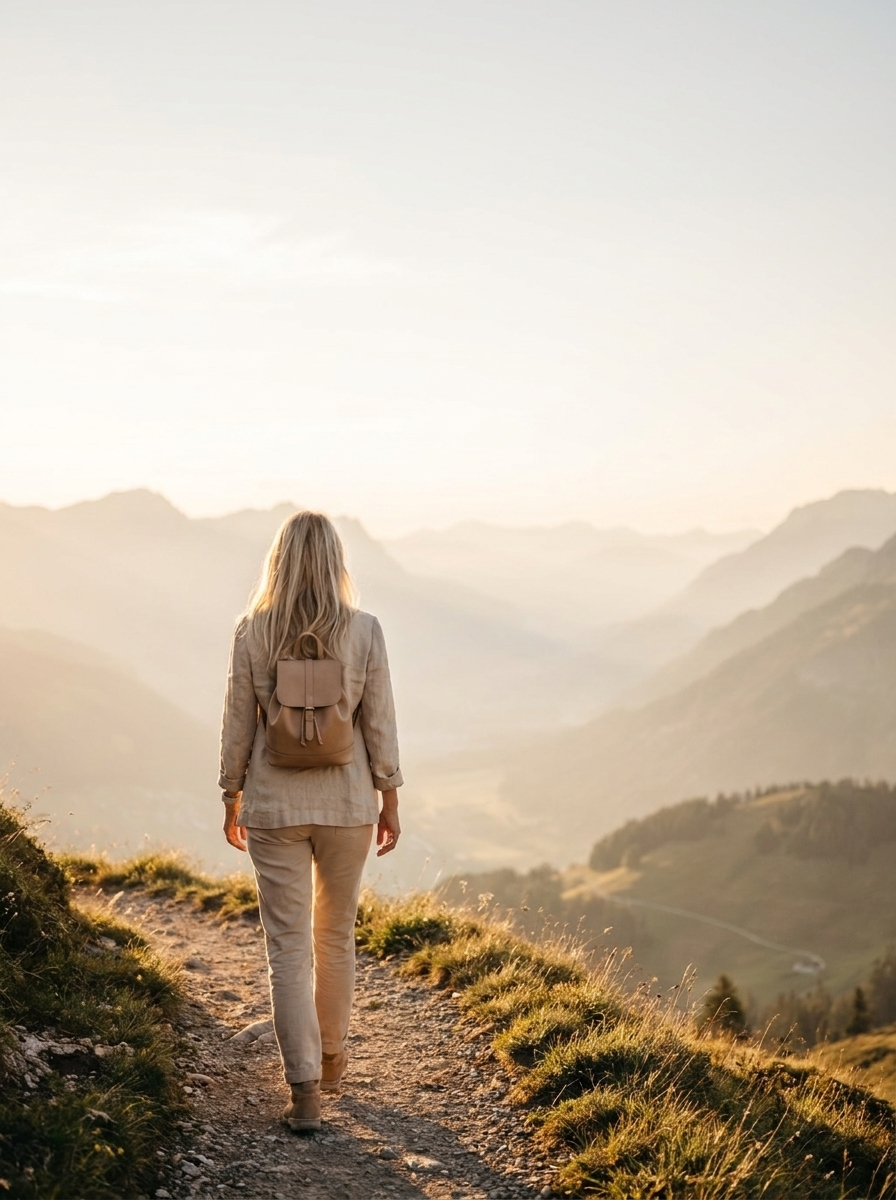 Frau wandert einem sonnigen Bergtal entgegen