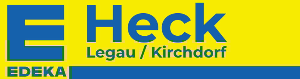 EDEKA Heck Legau & Kirchdorf Logo auf gelbem Hintergrund.