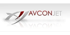 AVCONJET-Logo mit stilisierter grauer Form und rotem Akzent.