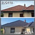 Top: ELŐTTE (Before) showing a house with an old, red tiled roof. Bottom: UTÁNA (After) showing the same house with a newly painted dark brown tiled roof.