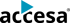 Accesa-Logo mit schwarzem Text und einem blauen Dreieck über dem ersten "c".