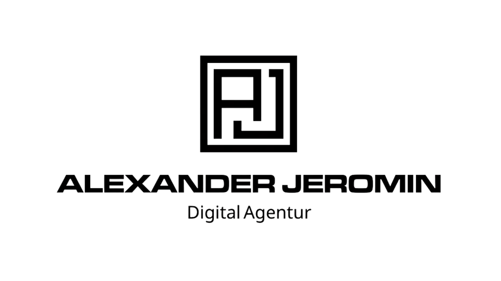 Logo von Alexander Jeromin Digital Agentur, schwarzer Text auf dunkelgrünem Hintergrund.