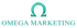 Türkisfarbenes Omega-Marketing-Logo mit einem glänzenden Omega-Symbol über dem Text "OMEGA MARKETING".