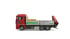 Roter Lastwagen mit Ladekran, beladen mit Baumaterialien, Schriftzug "Bauen auf Vertrauen bauen!".
