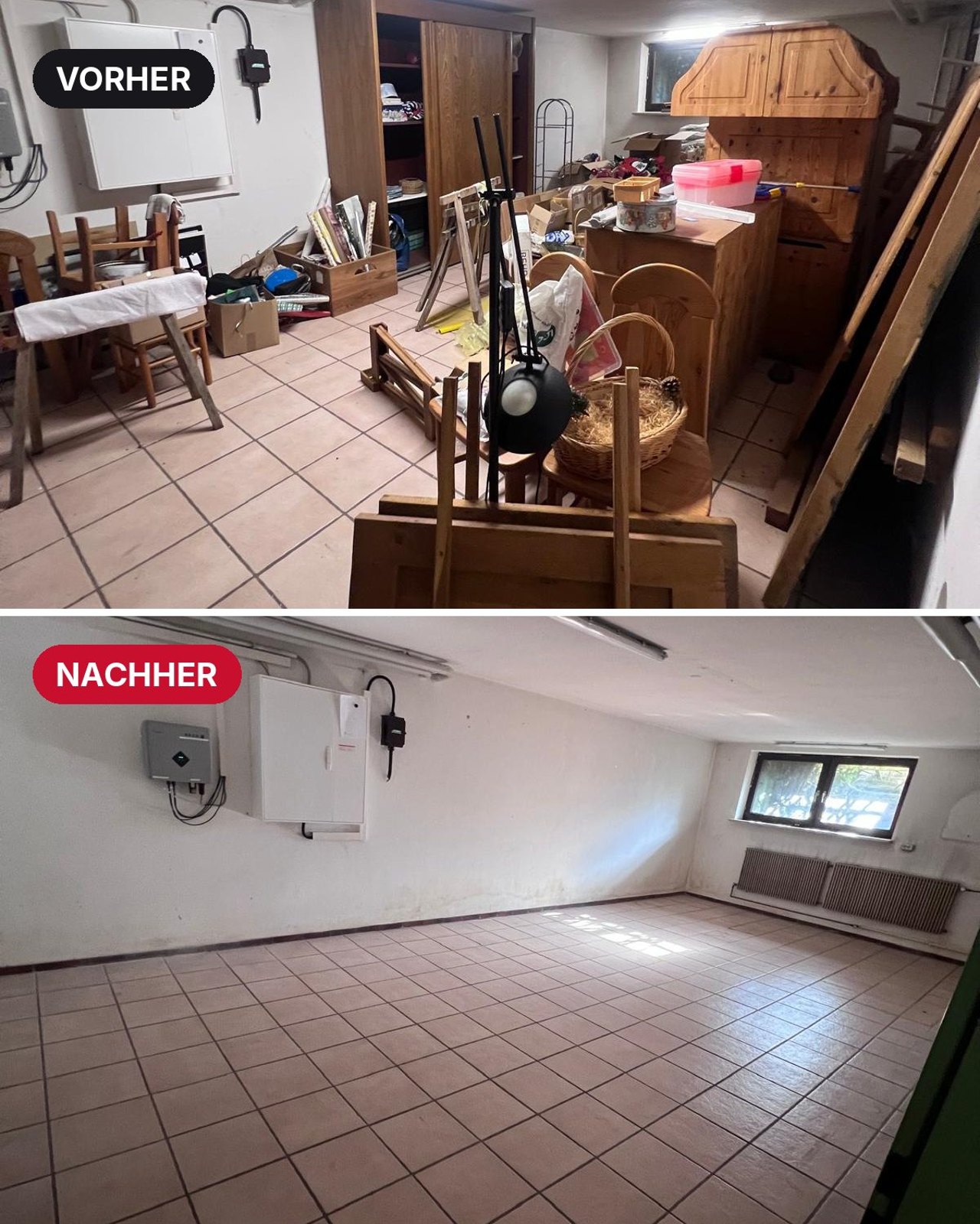 Kellerraum vor und nach der Entrümpelung