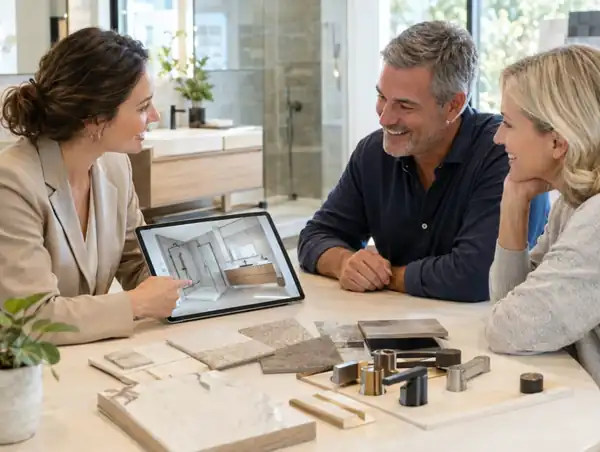 Badplanung am Tablet mit Materialmustern
