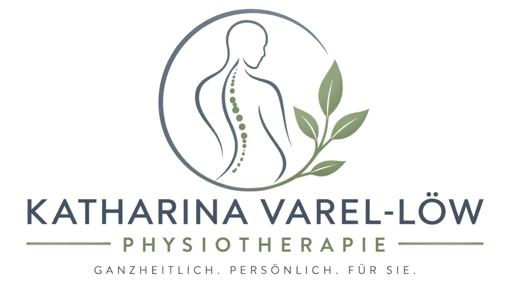 Logo von Katharina Varel-Löw Physiotherapie mit Oberkörper-Silhouette, Wirbelsäule und grünen Blättern auf schwarzem Grund.