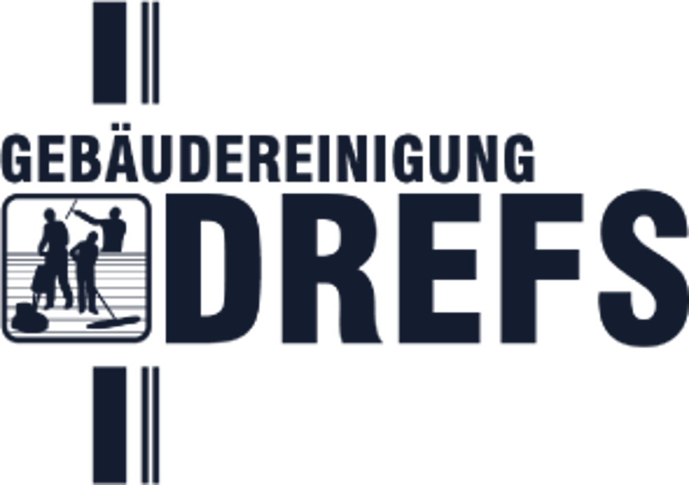 Logo Gebäudereinigung DREFS: Zwei Arbeiter mit Schaufeln vor einem Gebäude, flankiert von vertikalen Streifen.