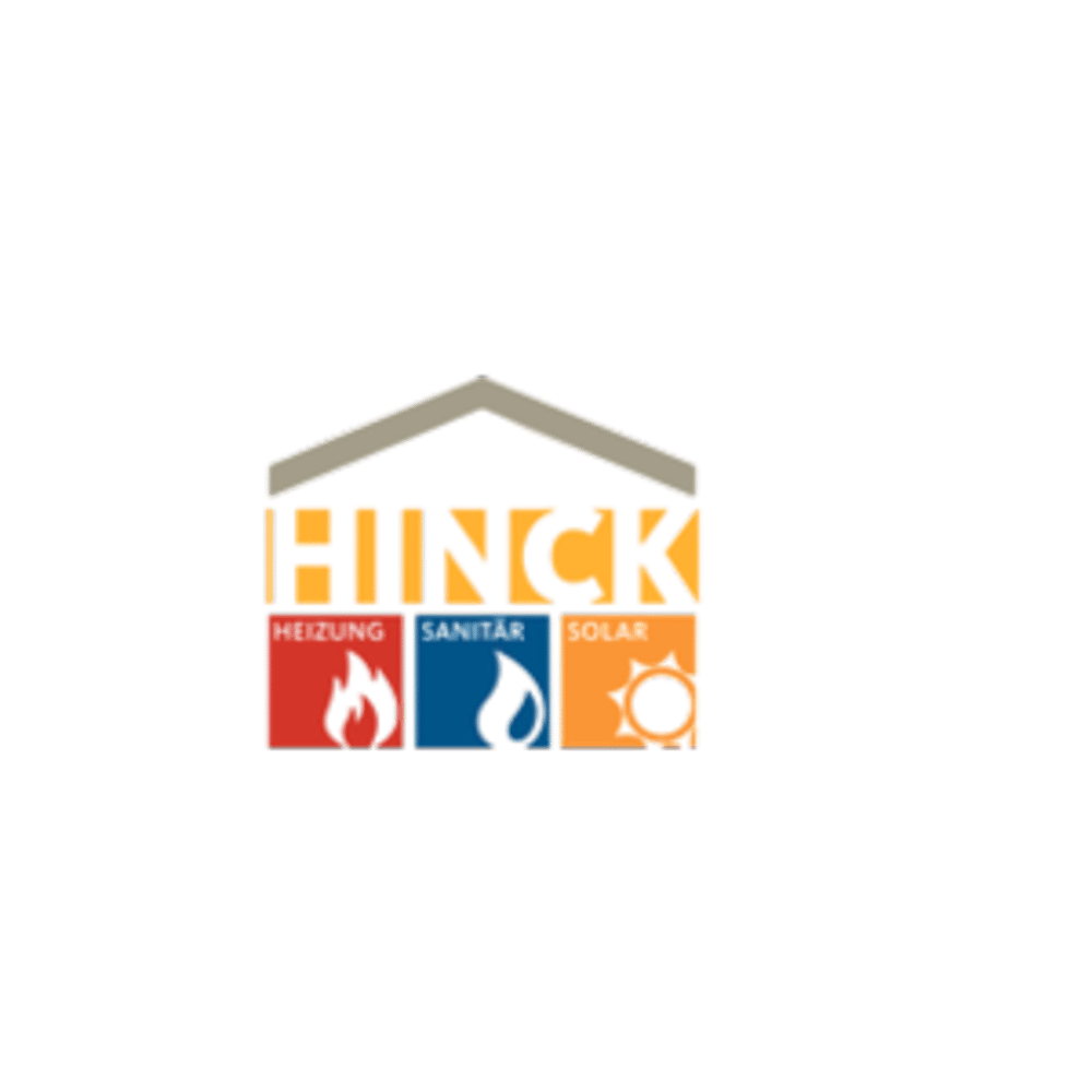 Hinck Logo: Schriftzug "HINCK" über drei farbigen Quadraten mit Symbolen für Heizung, Lüftung und Sanitär.