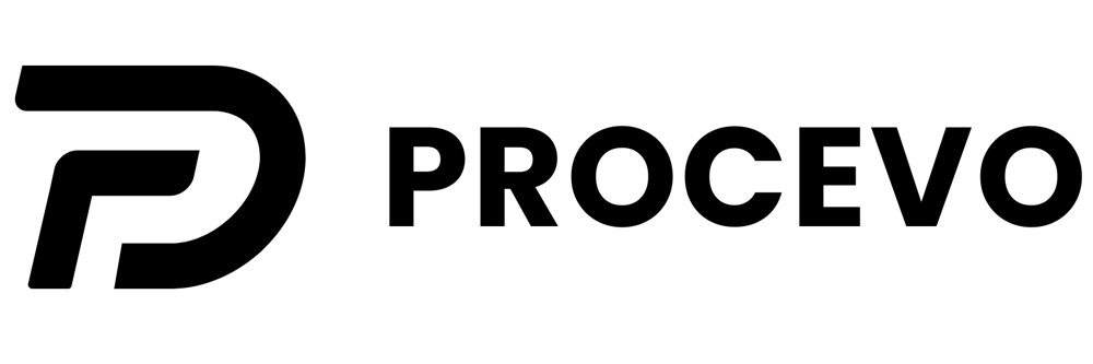 PROCEVO Logo: Weißer, stilisierter Buchstabe "P" über dem Wort "PROCEVO" auf dunkelgrünem Hintergrund.