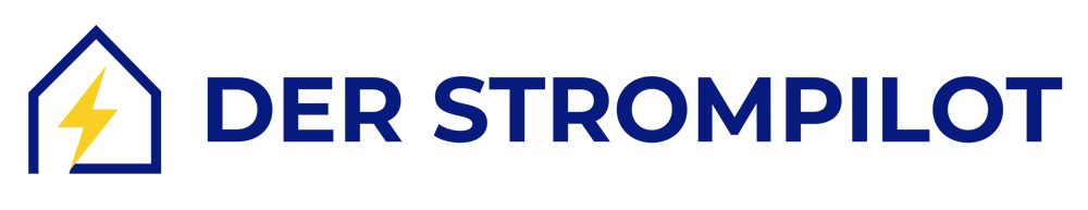DER STROMPILOT-Logo mit blauem Text und einem gelben Blitzsymbol daneben.
