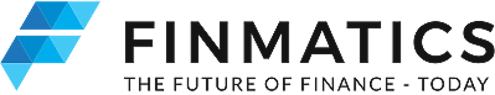Logo von Finmatics mit dem Slogan "The Future of Finance - Today", links ein stilisiertes "F" aus blauen Dreiecken.