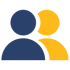 Zwei stilisierte Personen-Icons in Blau und Gelb auf schwarzem Hintergrund symbolisieren Teamarbeit oder Nutzergruppen.