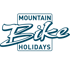Blaues Logo mit dem Text "MOUNTAIN Bike HOLIDAYS" auf dunklem Hintergrund.