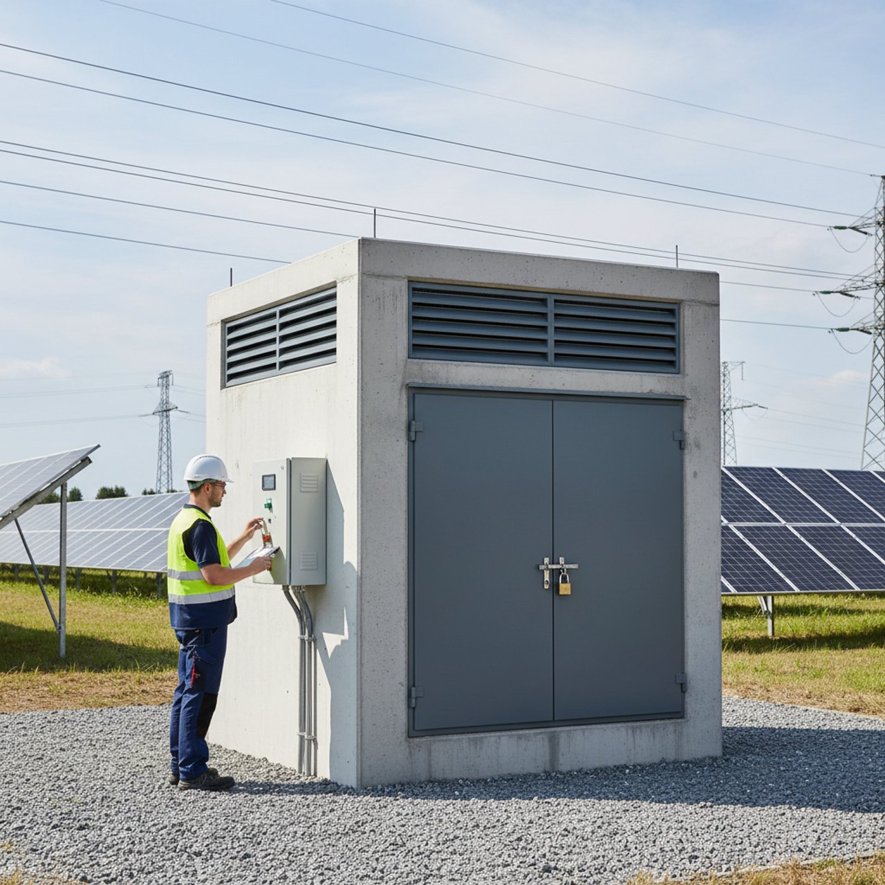 Trafostation für einen Solarpark mit Mittelspannungsleitungen