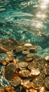 Goldmünzen liegen unter der Wasseroberfläche, die das Sonnenlicht reflektiert. Rudolf Harner