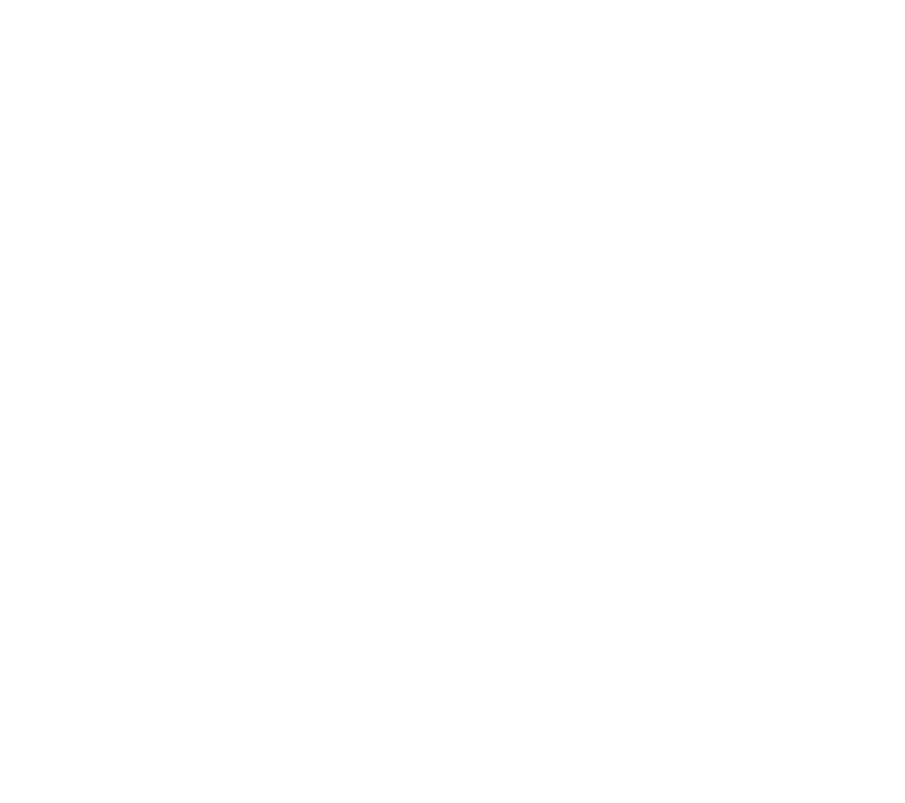 Ein stilisierter Löwenkopf im Profil, zusammengesetzt aus geometrischen grauen und weißen Dreiecken auf schwarzem Hintergrund.