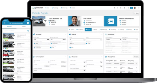 fleetster Flotten-Software auf Laptop und Smartphone, Fahrzeugdetails mit Tim Ruhoff als Administrator