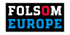 Schwarzes Rechteck mit "FOLSOM EUROPE" in Großbuchstaben, "O" in Rot, "EUROPE" in Blau.