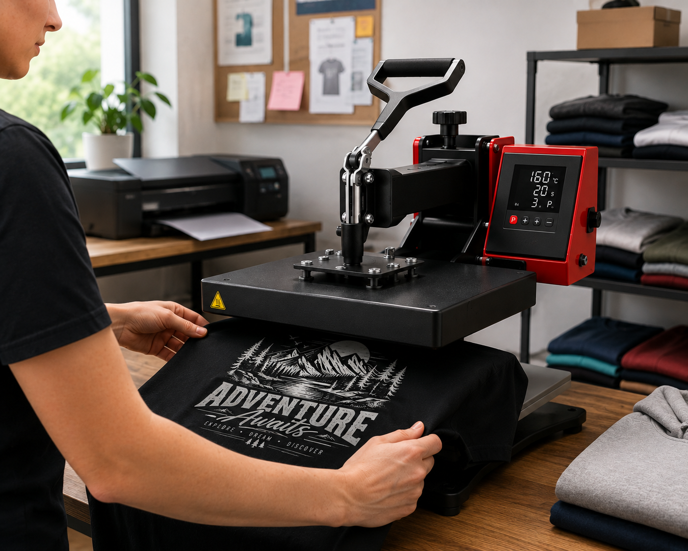 Mitarbeiter presst ein Motiv auf ein schwarzes Shirt