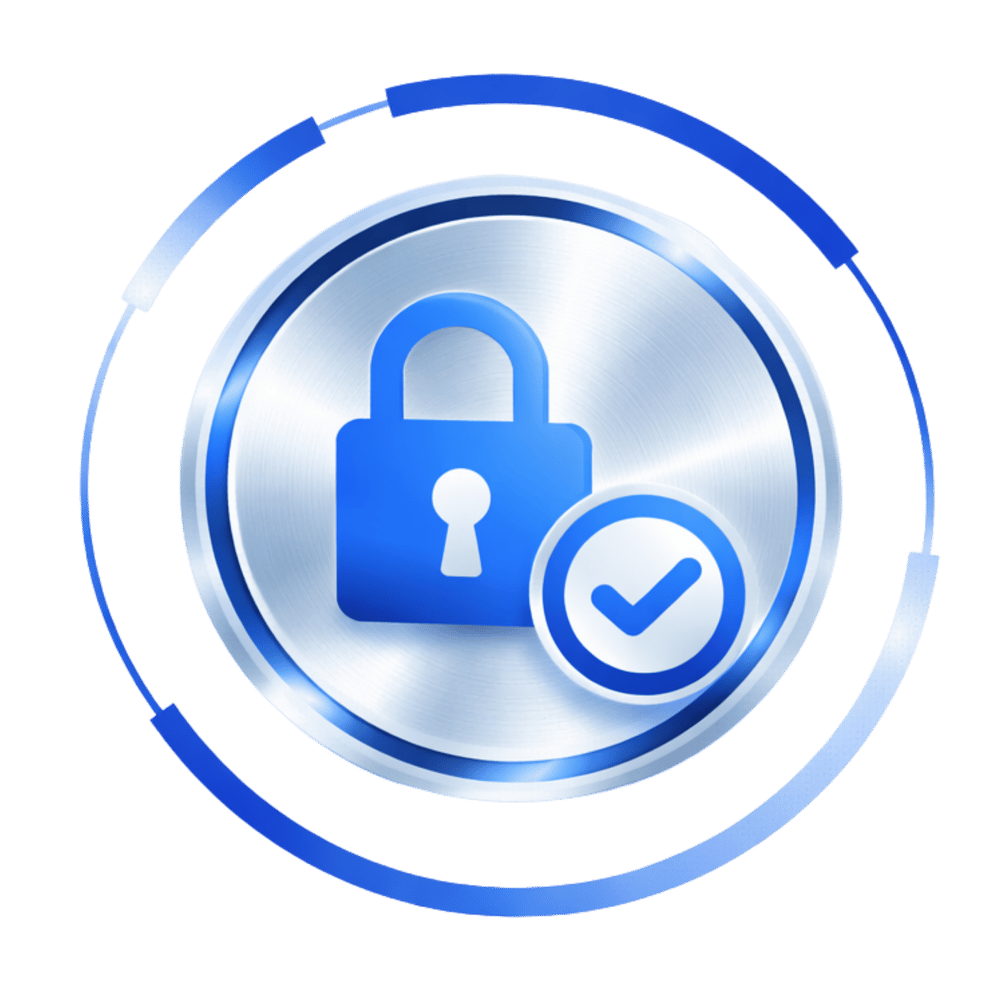 Blaues Vorhängeschloss-Symbol mit Häkchen auf silbernem Kreis, umgeben von einem blauen Ring.