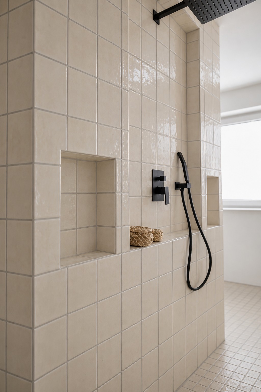 Graue Dusche mit Wandnischen mit Fliesen – KI-generierte Vorher-Visualisierung