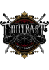 Logo mit dem Schriftzug "CONTRAST TATTOOS" in silberner, verzierter Schrift, umgeben von goldenen und roten Ornamenten.