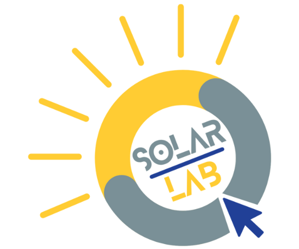 Logo: Gelbe Sonne mit Strahlen, umgeben von einem grauen Kreis, Text "SOLAR WEB-DESIGN LAB" und blauer Cursor.