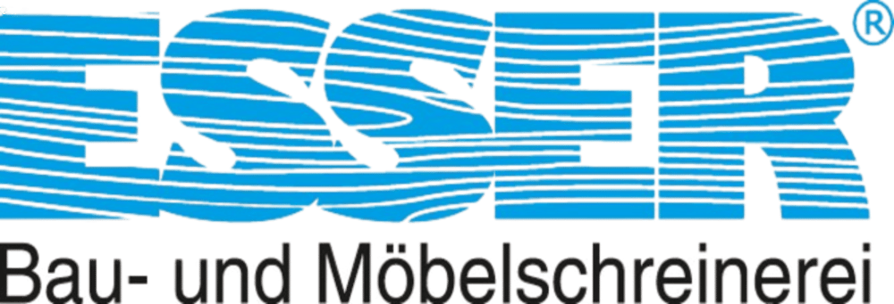 Blaues ESSER-Logo mit geschwungenen Linien und schwarzem Text "Bau- und Möbelschreinerei" auf grünem Hintergrund.