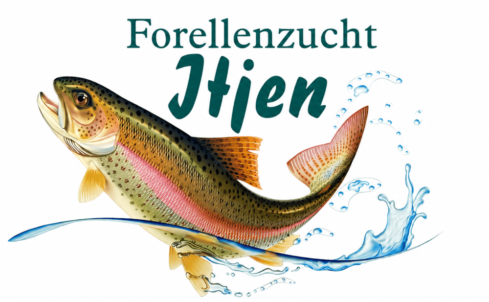 Regenbogenforelle springt aus dem Wasser; Text "Forellenzucht Itjen".