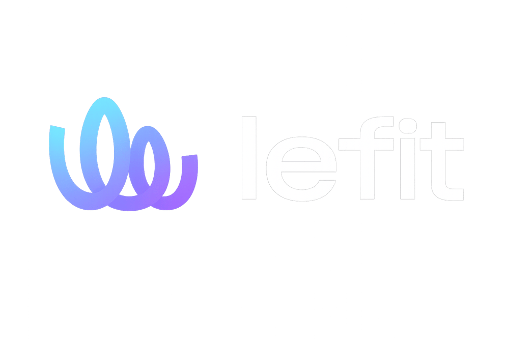 Lefit Logo mit einer geschwungenen, blau-violetten Wellenform neben dem weißen Schriftzug auf schwarzem Hintergrund.