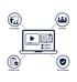 Laptop mit Online-Video, Buch und Checklisten; umgeben von Symbolen für Schulungen, Übungen, Vorbereitung, Qualifizierung - Krisenstab-Software Notfall- und Krisenmanager (NKM®).