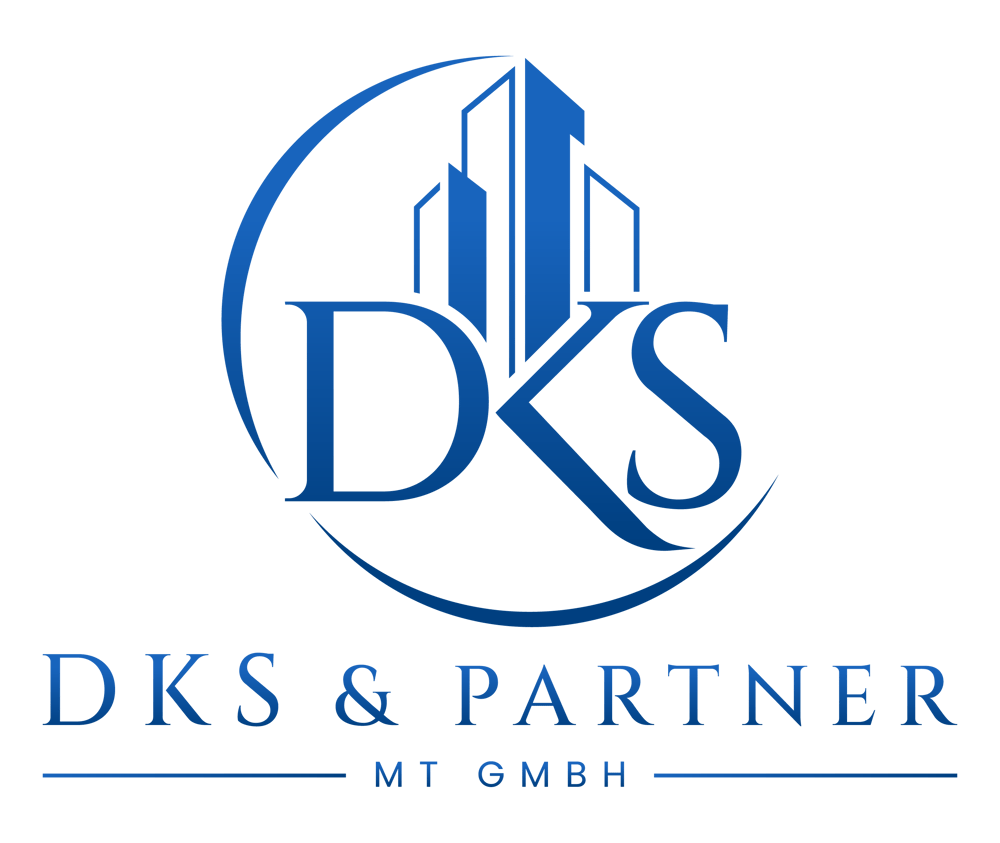 Blaues Logo der DKS & Partner MT GmbH mit stilisierten Hochhäusern und geschwungenem Kreis auf schwarzem Hintergrund.