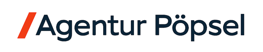 Das Logo "Agentur Pöpsel" mit einem roten Schrägstrich.
