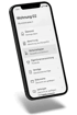 Ein schwarzes Smartphone zeigt eine App-Oberfläche mit der Überschrift "Wohnung 02" und verschiedenen Menüpunkten.