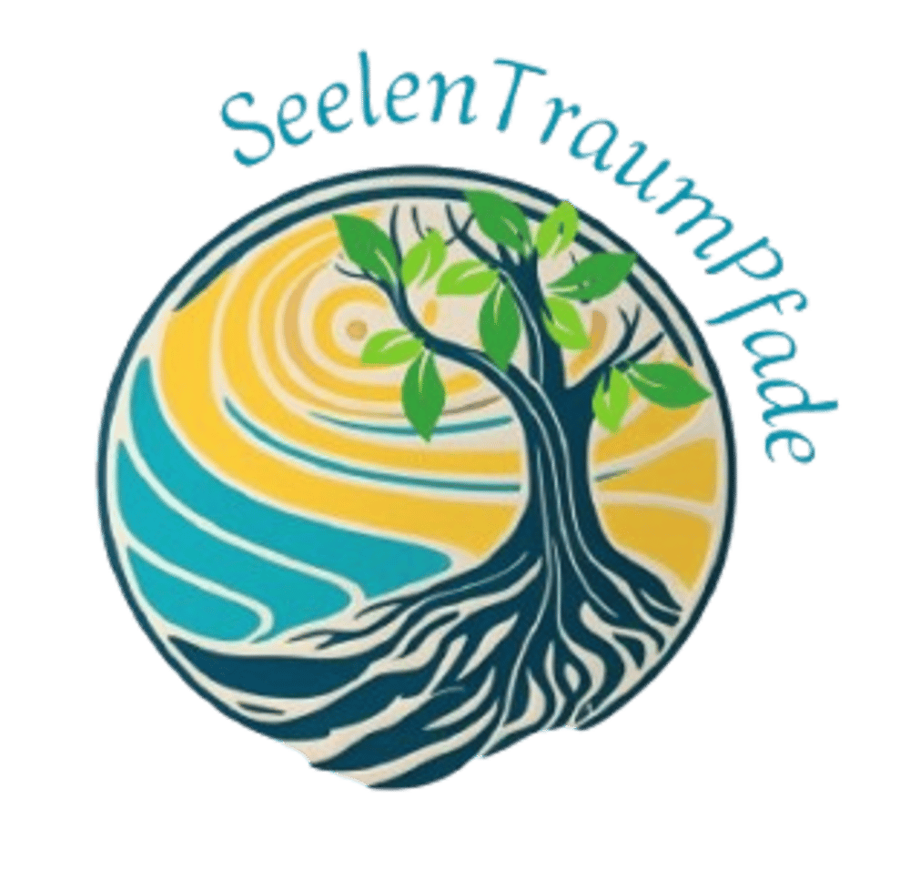 Baum mit Wurzeln in einem Kreis mit gelb-blauem Hintergrund und Text "SeelenTraumpfade".