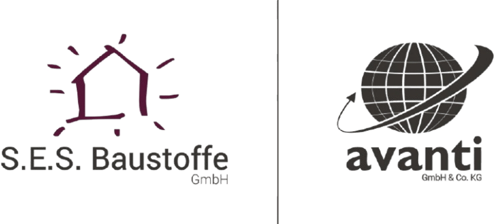 Logos von S.E.S. Baustoffe und Avanti, Letzteres mit einem Globus und Pfeil.