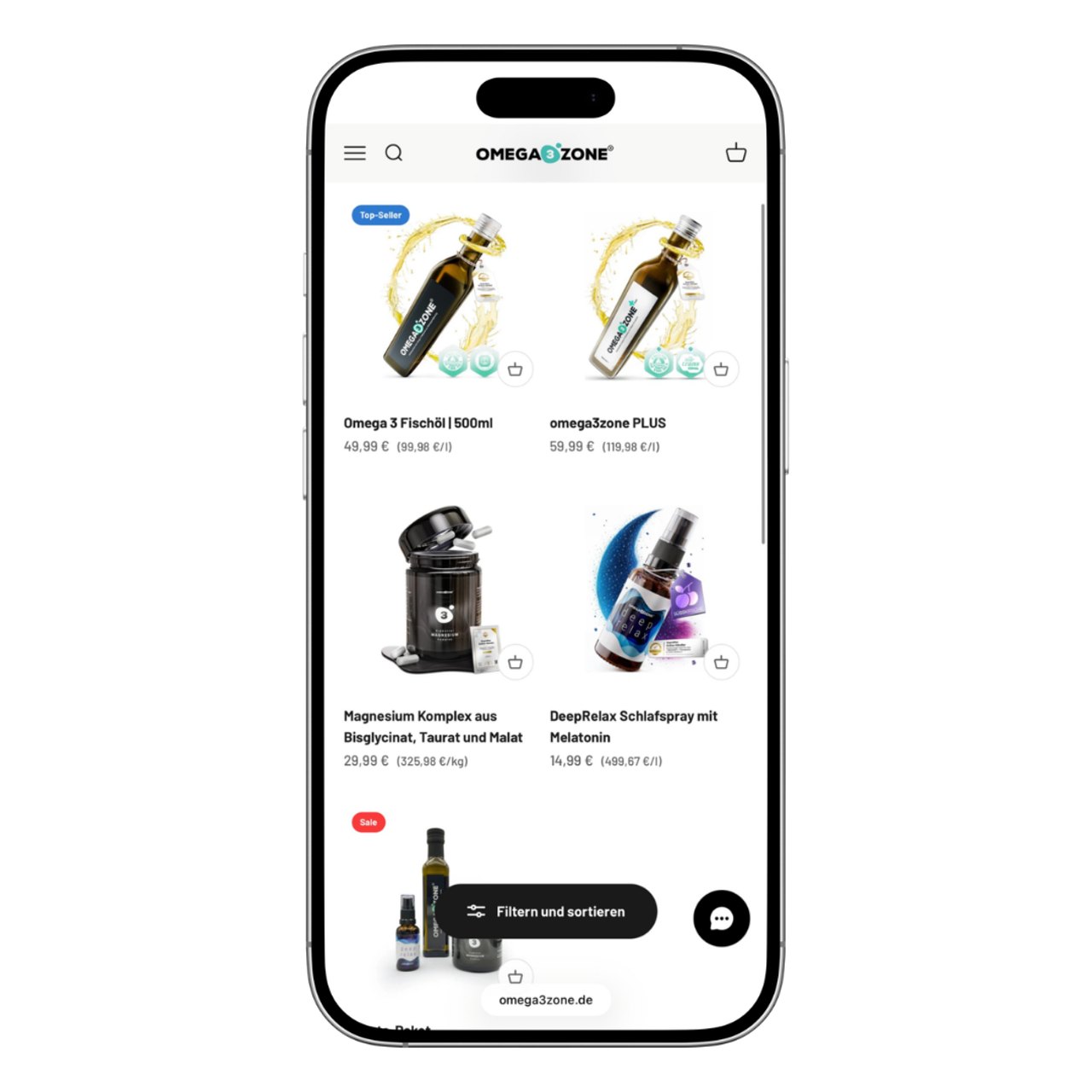 Omegaazone Online-Shop auf einem Smartphone, Produkte wie Omega 3 Öl und Schlafspray sind sichtbar.