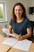 Junge Frau mit lockigen Haaren sitzt an einem Schreibtisch, lächelt in die Kamera und arbeitet an ihrer Bewerbung. Auf dem Tisch liegen ein Laptop und zwei leere Blätter Papier, sie hält einen Stift und ein weiteres Blatt in der Hand. Der Raum ist hell, mit einem Fenster im Hintergrund.
