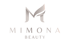 MIMONA BEAUTY Logo mit stilisiertem silbernem M auf dunklem Hintergrund.