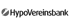 Graues HypoVereinsbank Logo mit kreisförmigem Symbol auf schwarzem Hintergrund.
