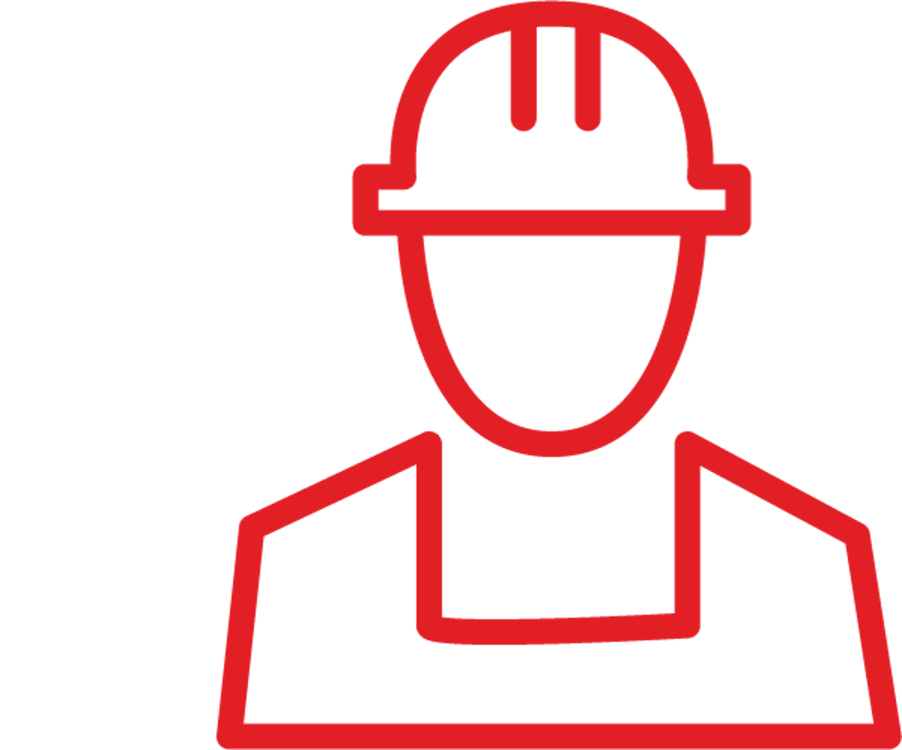 Rote Umrisszeichnung eines Bauarbeiters mit Schutzhelm und Latzhose auf dunkelgrünem Hintergrund.